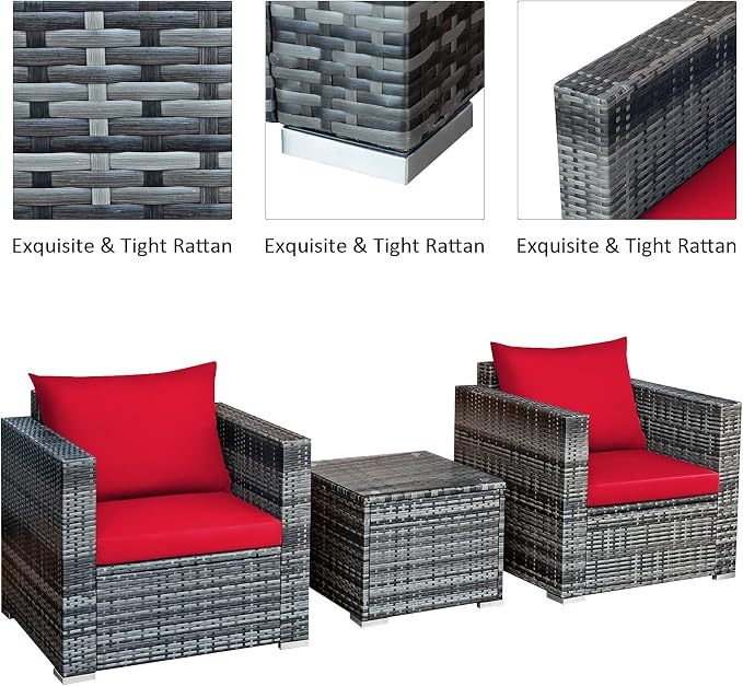 COSTWAY 3-Piece Patio Furniture Set, Outdoor Wicker Rattan Sofa with Cushions and Coffee Table, Conversation Chair Set for Poolside Backyard Balcony Lawn (Red)