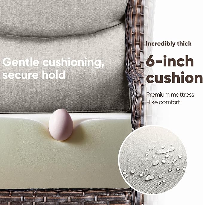 Swivel Patio Chairs sofa Set of 6 with 6" Thick Cushion - Wicker Outdoor Swivel Rocker Patio Chair ,Sofa/Glass coffee table, High Back Comfortable Outdoor Glider Chairs - Brown Wicker | Beige Cushions