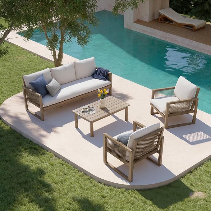 SUNSITT 4-Piece Acacia Wood Patio Furniture Set, Outdoor Conversation Sofa Set with 3-Seat Sofa, 2 Rope Woven Outdoor Club Chairs & Slatted Coffee Table, Cream White Cushions for Porch, Backyard, Deck