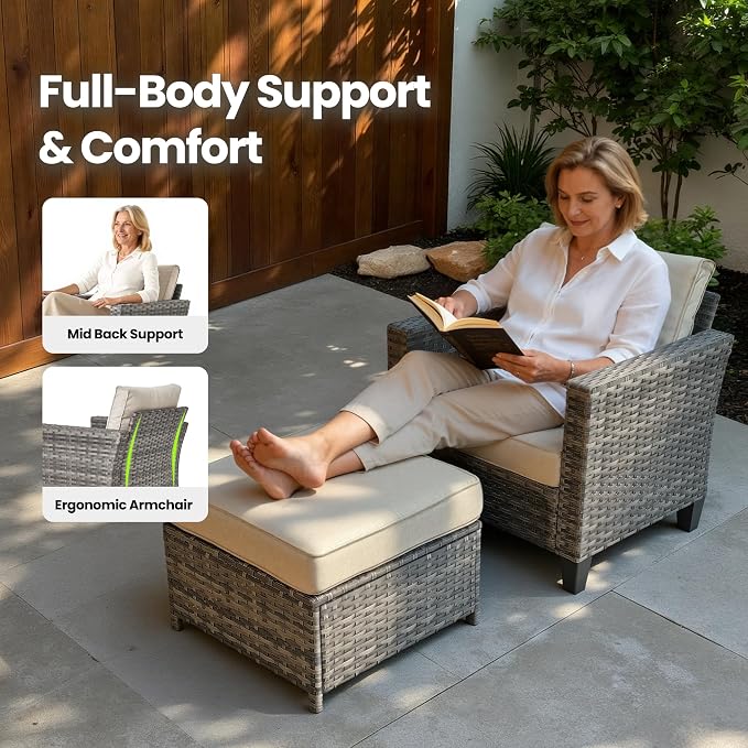4 Piece Wicker Patio Furniture Set with Solar Table, Beige | Outdoor Deep Seating Sofa Chair, Solar Lights Table, All Weather Rattan, Modern Conversation Set, Porch Deck Backyard