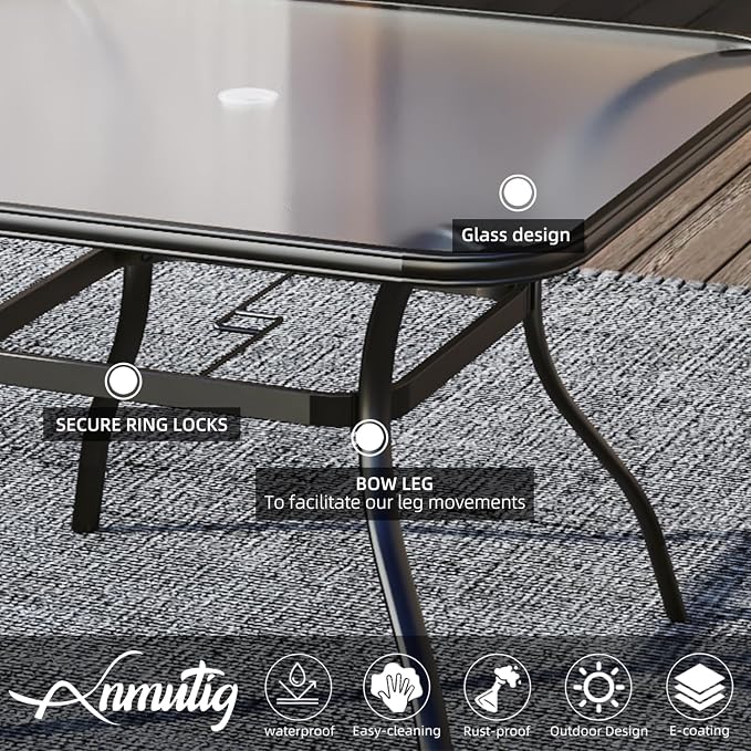 37 inch Square Glass Ourdoor Patio Table with Umbrella Hole for 4 Person | Glass Table Top, Metal Black Frame