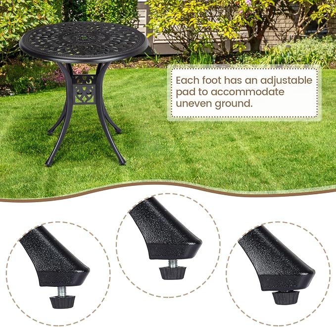 30.25" Round Cast Aluminum Patio Bistro Table, Bistro Table with Umbrella Hole, Outdoor Side Table, for Porch, Backyard, Garden, Balcony, Black