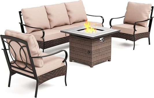 Outdoor Patio Furniture Set with 32" Fire Pit Table,4 Pieces Heavy-Duty Metal Patio Conversation Sets,Wicker Metal Modern Outdoor Outdoor Sofa Set for Patio, Balcony, Backyard, Deck, Poolside
