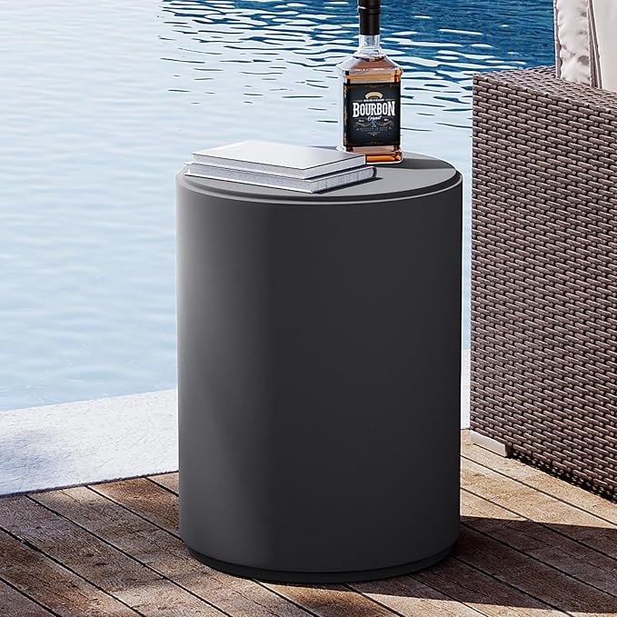 SUNBURY Outdoor Side Table, 20" H Concrete End Tables, Round Patio Accent Table, Modern Small Side Table, Cement Garden Stool Log Table, Tree Stump Drum Table Indoor and Outdoor, Frosted Grey