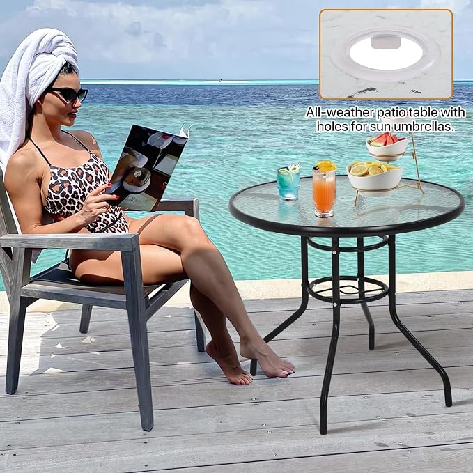 Dkeli Outdoor Table 31.9 Round Bistro Table with Umbrella Hole Tempered Glass Metal Patio Table for Outside,Indoor,Poach, Black