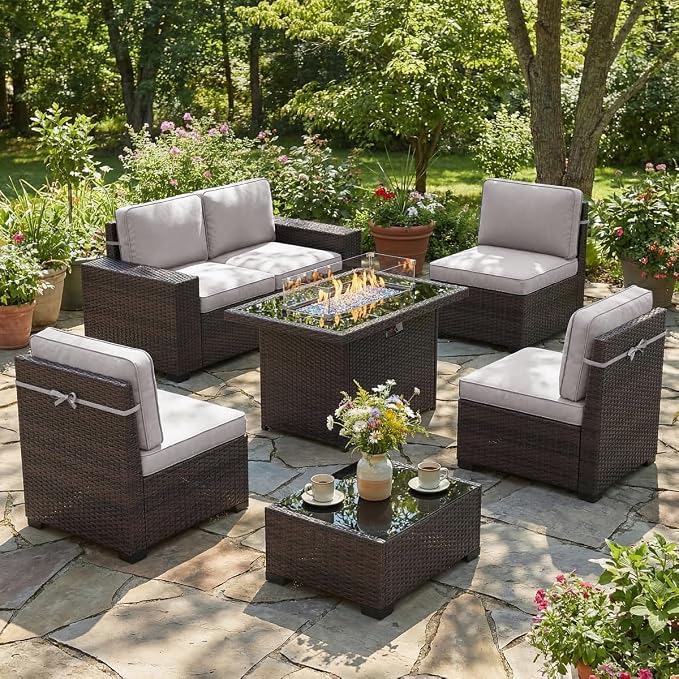 LayinSun 7 Pieces Outdoor Patio Furniture Set with 44" Fire Pit Table Brown Rattan Sectional Sofa Conversation Sets