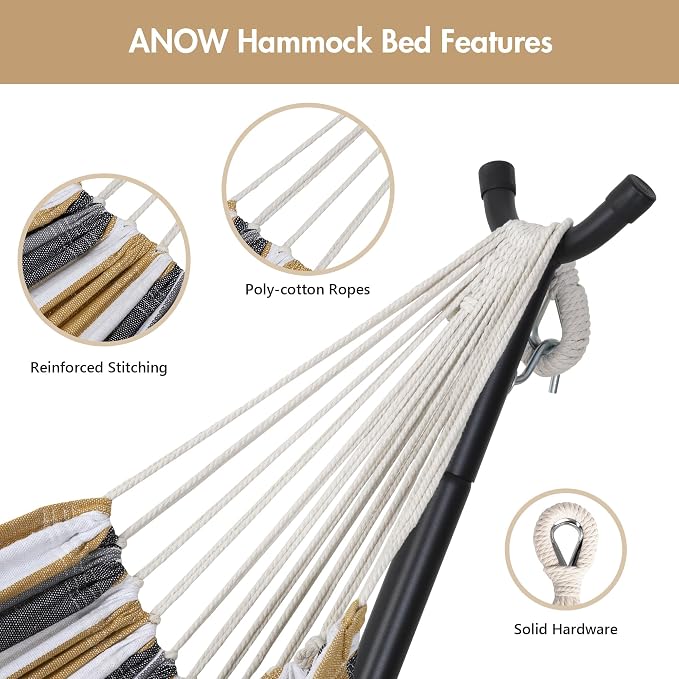 ANOW Space Saving Hammock with Stand Included, Heavy-Duty Hammock Stand with Adjustable Height for Indoor Outdoor, 475 Lbs Capacity, Coffee Stripes