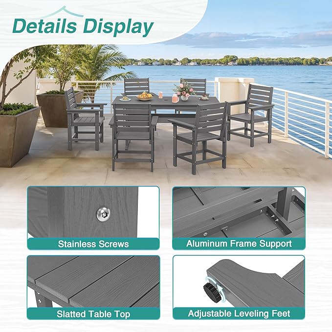 7 Piece Patio Dining Set, 66" Rectangle HDPS Weather Resistant Outdoor Table & 6 Patio Chairs Set with 1.96" Umbrella Hole, Heavy Duty Chairs for Backyard Balcony Deck, Grey