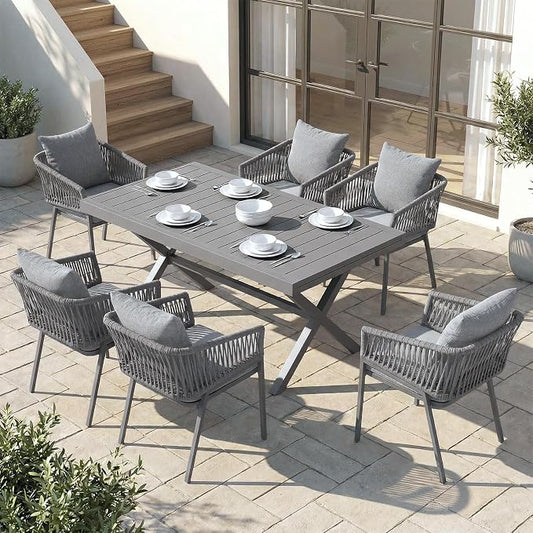 SUNSITT 7 Piece Outdoor Patio Dining Set, 65" - 107" Metal Expandable Outdoor Dining Table with X-Shape Legs, 6 Woven Rope Outdoor Patio Chairs w/Curved Armrest for Garden, Dark Grey