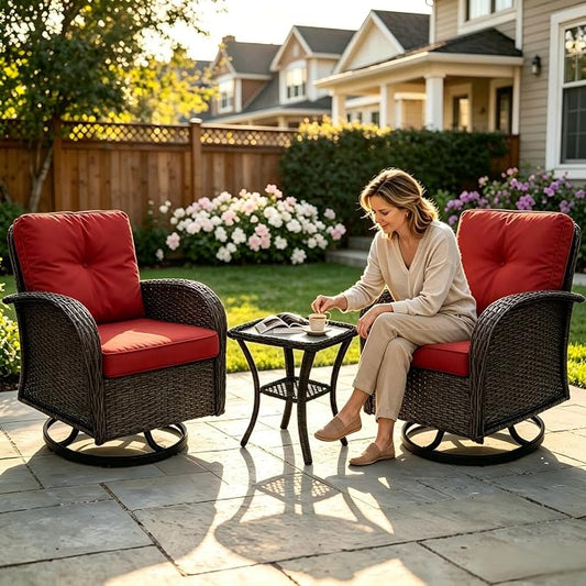 3 Piece Outdoor Swivel Rocker Patio Chairs, All-Weather Rattan Chair, Wicker Glider Patio Furniture Set with Side Table, for Garden, Backyard, Deck, Gray Rattan & Red Cushions