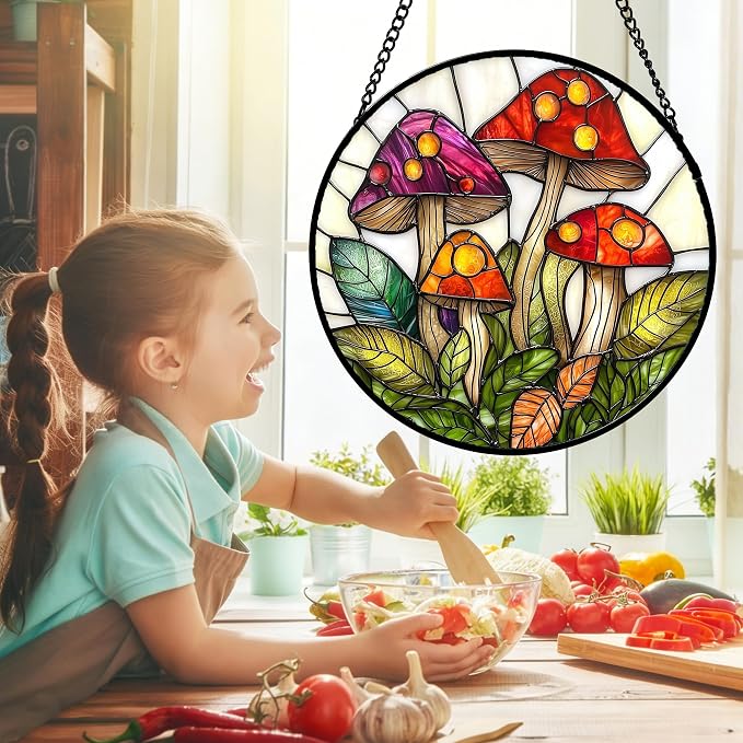 DASTOLL Stained Glass Window Hanging, Mushroom Leaves Suncatcher for Doors Home Sun Catchers Decoration and Christmas, Mother's Day Birthday Gifts for Women, Men, and Mom 11.8x11.8 in