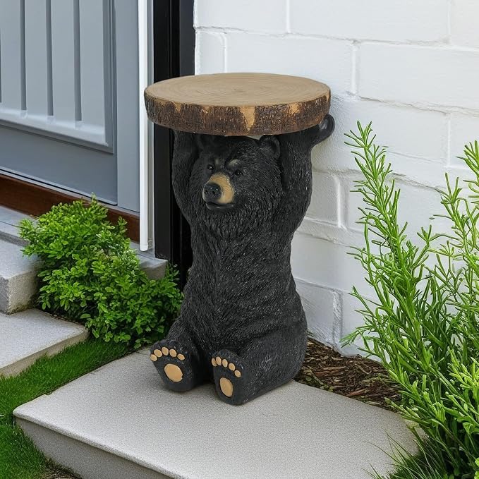 Black Bear Side Table Pedestal End Table Stool, MGO Bear Statue Hand Painted Sculpture for Home, Office, Living Room & Outdoor Decor,No Assembly Required