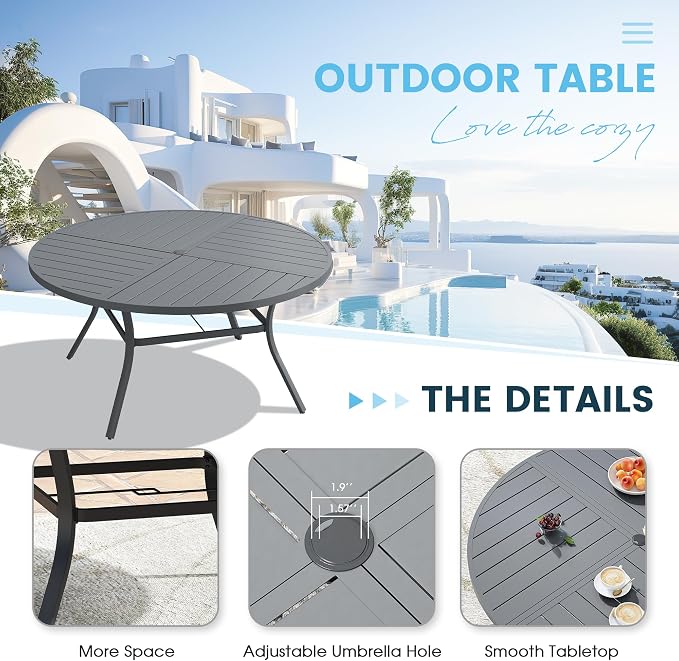 Patio Dining Table for 6, Round Metal Outdoor Table with Storage Shelf, 1.57" Umbrella Hole, 50" Outdoor Quartered Tabletop Dining Table for Backyard, Porch, Lawn, Dark Grey