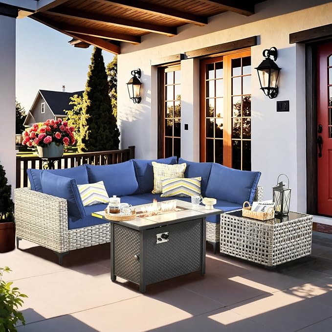 Outdoor Sectional Patio Furniture Set with Fire Pit Table and Glowing Table,6 Pieces Wicker Conversation Sets L Shaped Couch Out Door Sofa Set Outside Furniture for Garden Deck Yard,Navy Blue