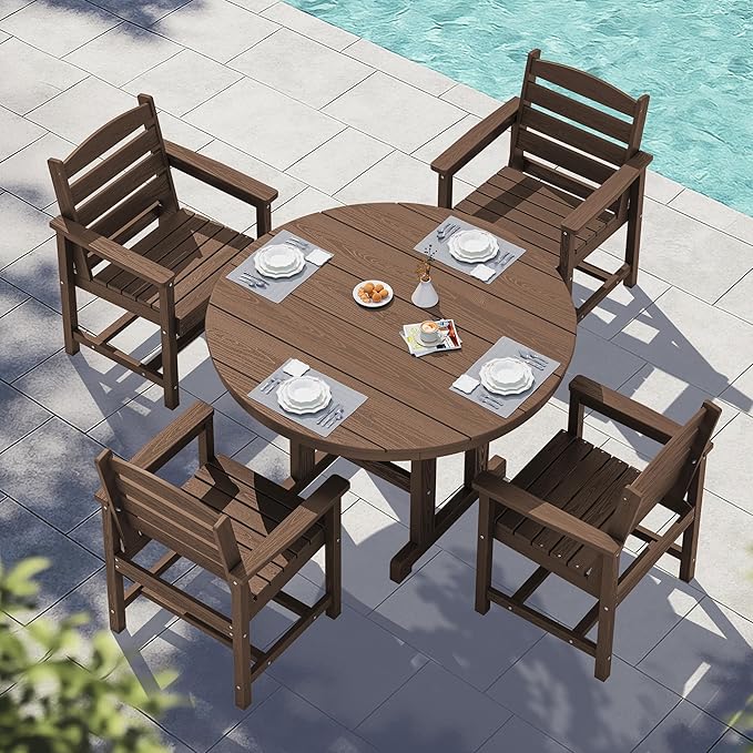 SERWALL 6-Piece Patio Dining Sets, HDPE Outdoor Table and Chairs Furniture Set with Umbrella, 45" Round Dining Table & 4 Dining Chairs & 1 9FT Umbrella, Brown(Not Include Umbrella Base)