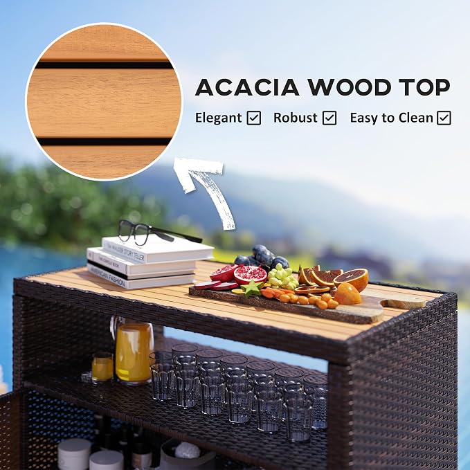 Outsunny Wicker Outdoor Storage Cabinet, Rattan Bar Table with Acacia Wood Countertop, 2 Doors and Shelf, Buffet Cabinet Sideboard for Poolside, Garden, Patio, Backyard, Brown