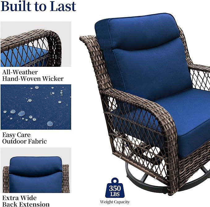 PIZZELLO Outdoor Swivel Chairs 6 Piece Wicker Rocking Chairs Set Patio Furniture Set with Rattan Side Table Rocker Bistro Sets for Outside Porch Backyard (5" Thick Cushions and 25" Full Support Back)