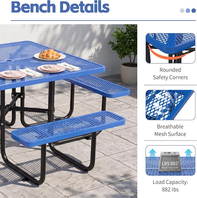 46" Square Metal Picnic Table with 1.73" Umbrella Hole, Commercial Steel Picnic Table, Heavy Duty Picnic Tables with Benches for Outdoor Garden Courtyard BBQ, Blue