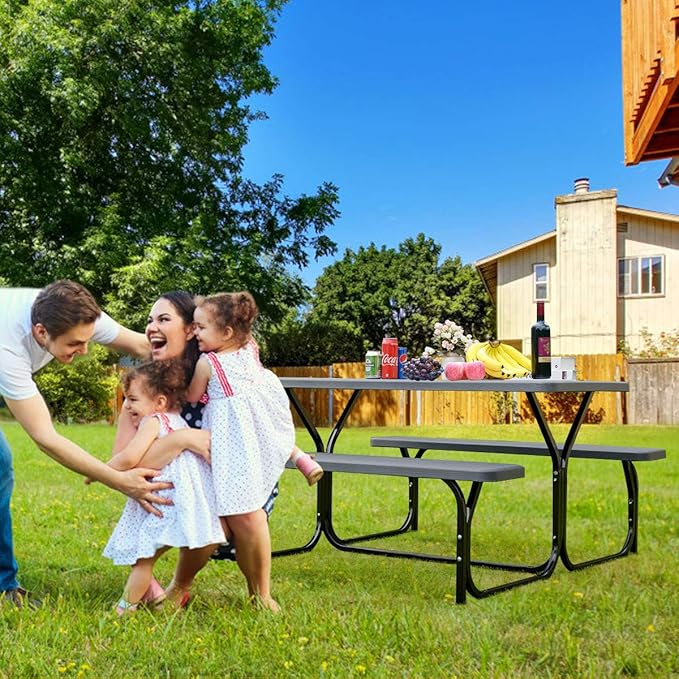 COSTWAY Outdoor Picnic Table, HDPE Plastic Picnic Table Bench Set with Weather Resistant Tabletop & Wood Texture, Ideal for Patio, Backyard (59" D x 54" W x 28.5" H,Black)