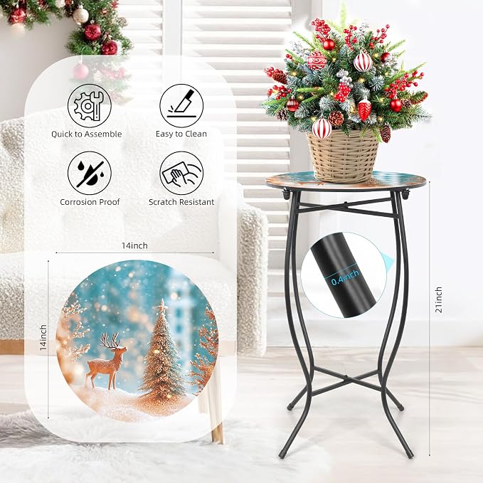 21 Inch Tall Metal Side Table, Unique Christmas Tabletop with Metal Frame, Round End Bedside Table Accent Table for Bedroom Patio Yard Porch Balcony Garden