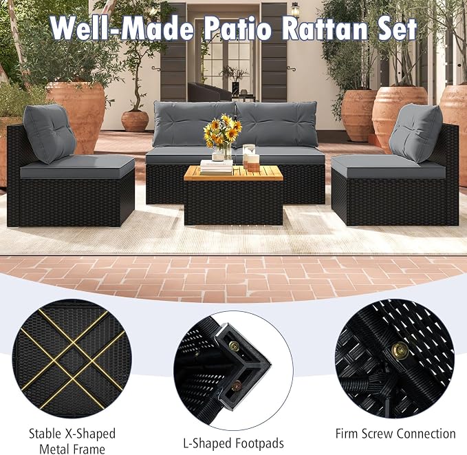 RELAX4LIFE 5-Piece Wicker Outdoor Furniture - PE Rattan Sectional Conversation Set w/4 Armless Sofas & Acacia Wood Coffee Table, Cushioned Patio Sofa Set for Garden Poolside Backyard Porch (Grey)