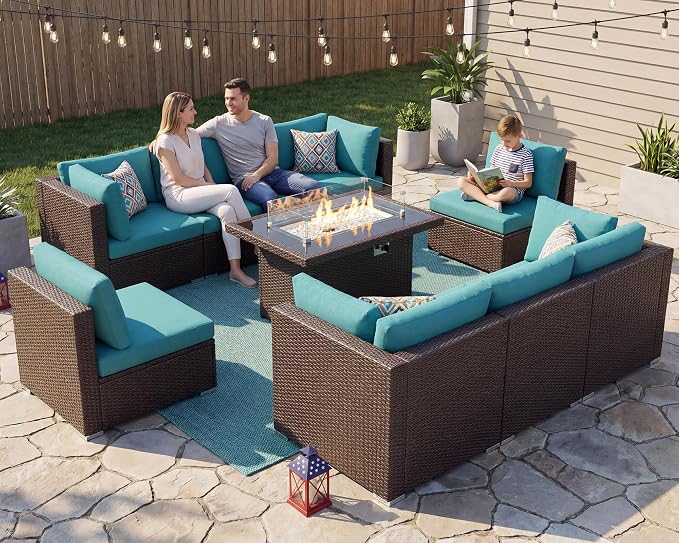 BULEXYARD 9 Pcs High Back Outdoor Sectional Set with Firepit Table, High-End Patio Furniture Seating Set, Big Oversized Wide Deep Modular 8-Seater Couch Sofa for Backyard, Brown Wicker & Teal Cushion