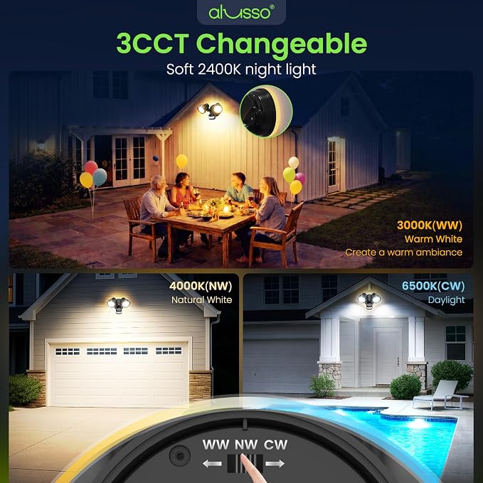 ALUSSO Motion Sensor Outdoor Lights , 30W 3500LM Flood Lights Outdoor 120V | Night Light 2400K/3000K/4000K/6500K 3 Modes (Dusk to Dawn/Auto/On Time), Waterproof Hardwired Security Light ETL Listed, 1PC