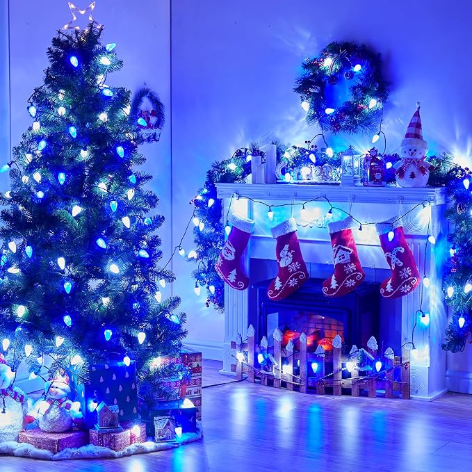 Brightown C9 Christmas String Lights, Blue and Pure White Commercia Outdoor Christmas Lights with 100 Strawberry C9 LED Bulbs, Waterproof Extendable UL Certified for Party Holiday Indoor Xmas Decor