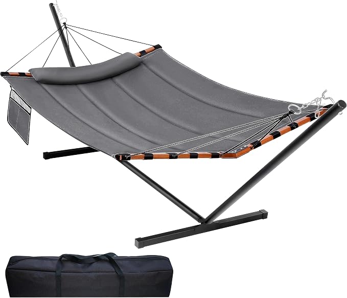 TegerDeger 12FT 2 Person Hammock with Stand Included 55 x 79IN Large Hammock 450LB Capacity with Hardwood Spreader Bar & Nylon Rope for Outside, Patio, Garden, Backyard, Beach - Deep Gray