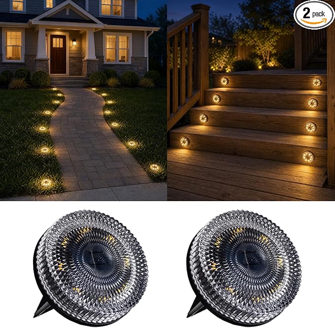 Real Glass Solar Ground Lights, Stake or Wall Mount 2-in-1, 2 Pack | Warm White Disc Lights, Waterproof IP65 Deck Light, Step Fence Garden Lamp, Auto Dusk to Dawn for Driveway Patio Yard