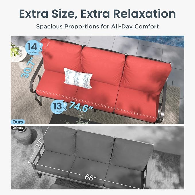 PHI VILLA Patio Furniture Set, 3-Seater Sofa, 2 Swivel Chairs and a 45" Fire Pit Table, Outdoor Metal Conversation Set with 5.75" Extra Thick Cushion for Garden Backyard Deck, Red