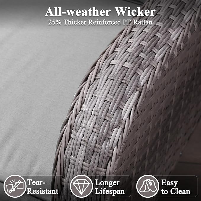 9 Piece Wicker Patio Furniture Set, Swivel Rocking Chairs with 4''Cushions, PE Rattan, Rust Resistant Frame, Double Layer Glass Side Table, for Backyard, Deck or Balcony, Grey