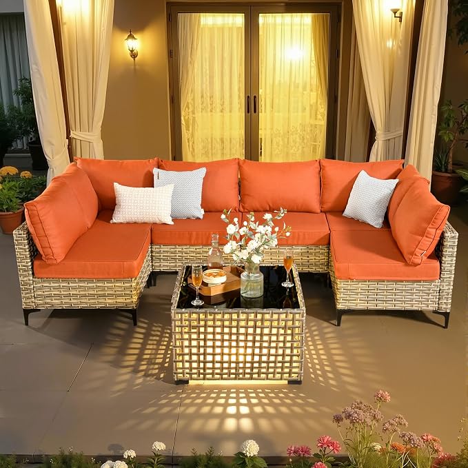 7 Pieces Patio Sectional Furniture Set, Outdoor Wicker Sectional Couch with Solar Lights Table, Modern Conversation Set for Porch Balcony Backyard, Red