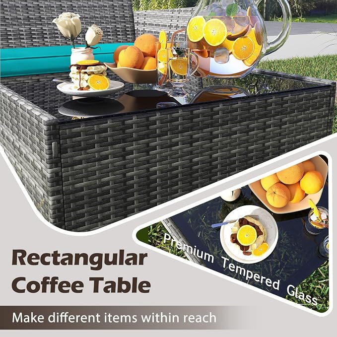 Tangkula 4 Pieces Patio Rattan Conversation Set, Outdoor Wicker Furniture Set with Cushioned Chair, Loveseat & Tempered Glass Table, Outside Sectional Sofa Set for Backyard (G-Turquoise,1)