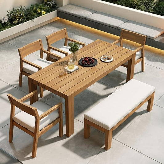 SOOWERY 6-Piece Patio Dining Set, Acacia Wood Outdoor Furniture Set with Rectangular Table, 4 Chairs and 1 Bench with Cushions, Umbrella Hole for Backyard, Garden, Poolside (Light Teak+Beige Cushion)