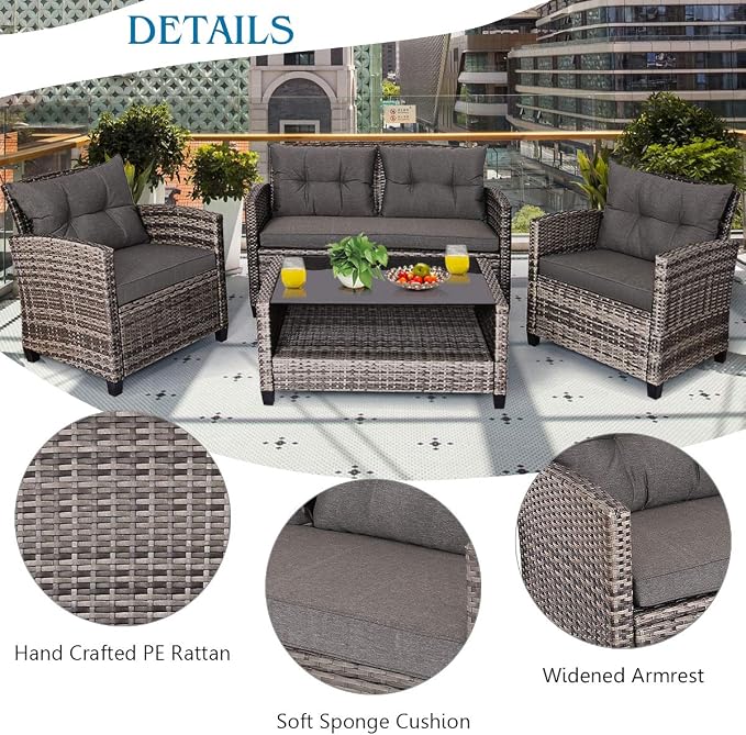 Tangkula 4 PCS Patio Wicker Conversation Furniture Set, Outdoor Rattan Sofa Set with Padded Cushion & Tempered Glass Coffee Table, Wicker Sectional Sofas & Table for Courtyard Balcony Garden (1, Grey)