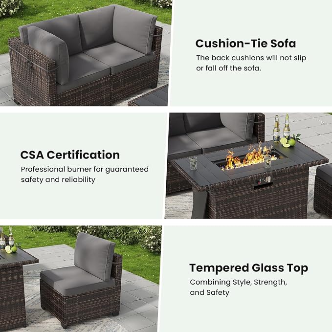 Soohow 8 Piece Patio Furniture Set with 44" Fire Pit Table, Outdoor Sectional Wicker Rattan Conversation Set for Garden, Porch, Backyard - Grey Cushions