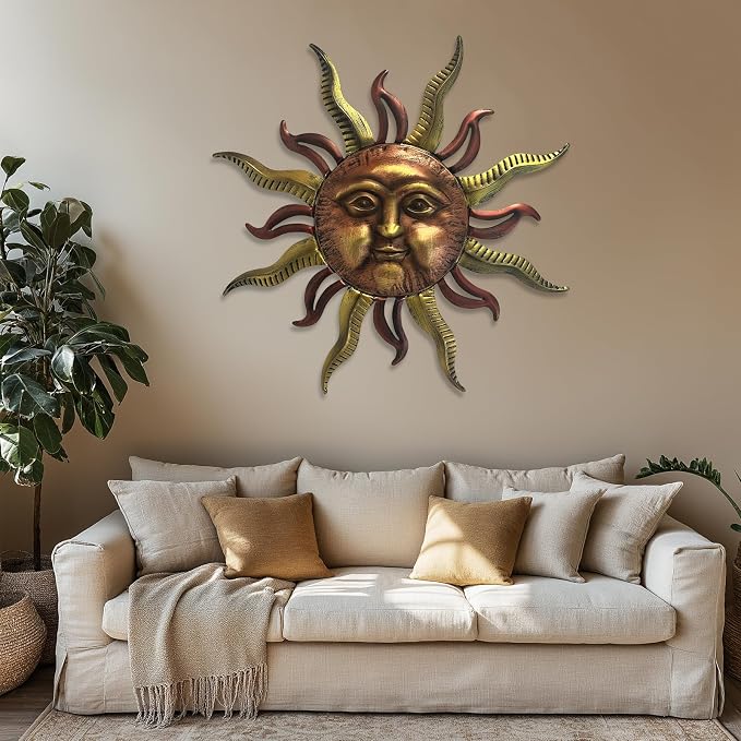 LIFFY 30" Large Sun Wall Decor - Metal Sun Face Wall Sculpture, 3D Hand-Painted Outdoor Wall Art Hanging for Patio Garden Yard, Housewarming Gift, Easy Hanging