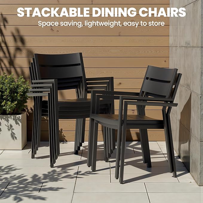 13-Piece Outdoor Patio Dining Set with Stackable Armchairs | 116" Aluminum Rectangular Table Rust-Proof with Umbrella Hole for Large Family Gatherings, BBQs, Parties, Black