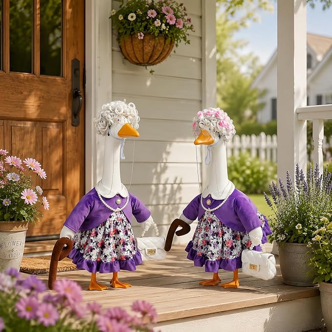 Old Lady Porch Goose Outfits for 23 inch Goose Statue, Grandma Porch Goose Clothes with Goose Wigs, Eyeglass, Pearl Necklace & Bag for Outdoor, Lawn, Yard, Patio, Garden Decor