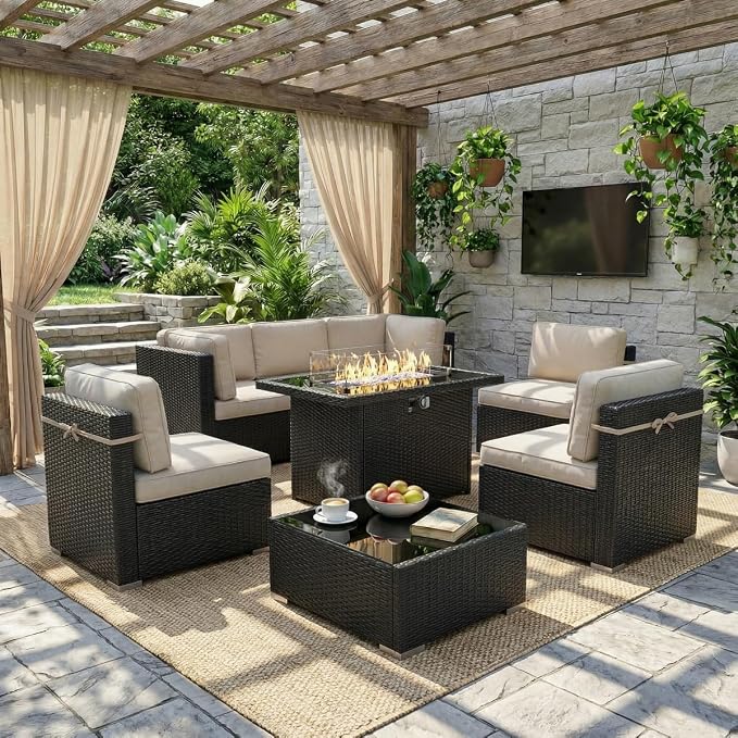 LayinSun 8 Piece Patio Furniture Set with 44" Propane Gas Fire Pit Table, Outdoor Sectional Conversation Set Wicker Rattan Sofa Set with Coffee Table
