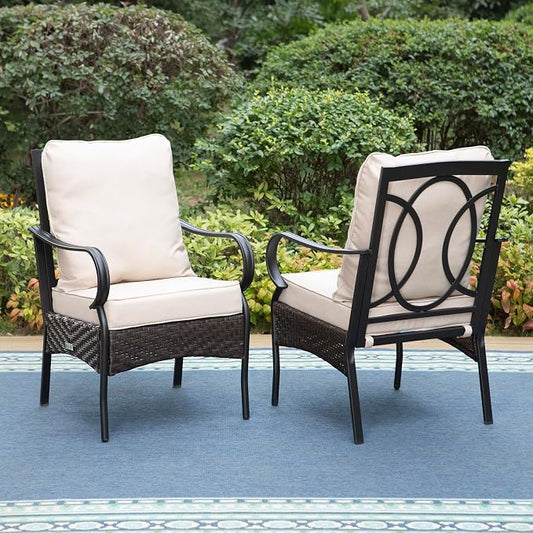 PHI VILLA Patio Dining Chairs Outdoor Wicker Chairs Set of 2 with Cushions | Heavy Duty Outdoor Metal Wicker Dining Chair with Padded Cushions, Large All Weather Wrought Iron Patio Chair for Balcony
