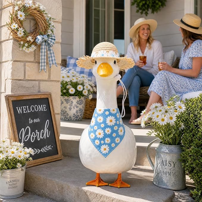 Summer Floral Porch Goose Outfit - 2Pcs Cute Blue Daisy Cottage Style Clothes with Straw Hat & Bandana Bib, Garden Lawn Decoration for 23 Inch Cement/Plastic Statue