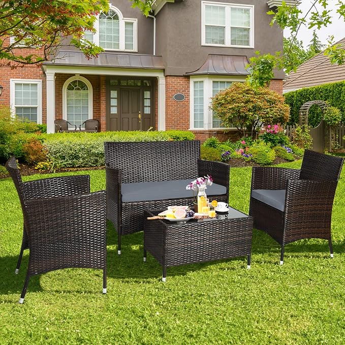 COSTWAY 4PCS Rattan Patio Furniture Set | Outdoor Wicker Rattan Chairs with Coffee Table, Rattan Cushioned Conversation Set for Backyard Balcony Porch Poolside, Grey