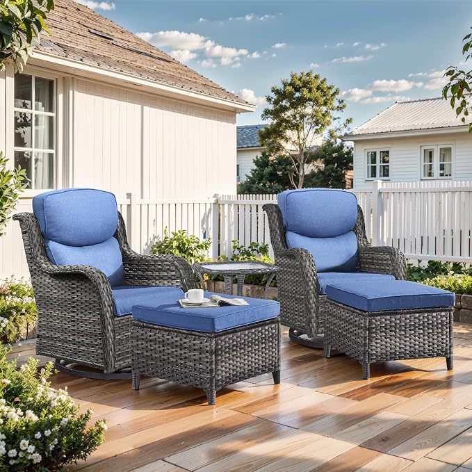 Outdoor Swivel Rocker Patio Chairs with 2 Ottomans - 5" Thick Cushion 5 Piece Furniture Set All Weather Wicker Conversation Set with Side Table for Porch Poolside and Deck - Gray/Blue