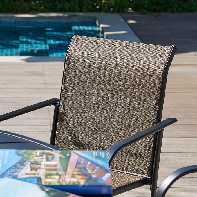 VICLLAX Outdoor Dining Set for 2, Small Patio Table and Chairs Set of Stackable Patio Sling Chairs and Square Dining Table for Front Porch, Brown Fabric and Black Table