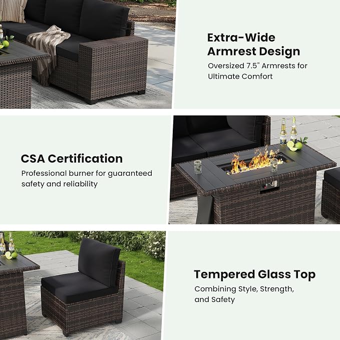 Soohow 7-Piece Patio Furniture Set with 44" Fire Pit Table, Outdoor Sectional Wicker Rattan Conversation Set for Garden, Porch, Backyard - Black Cushions