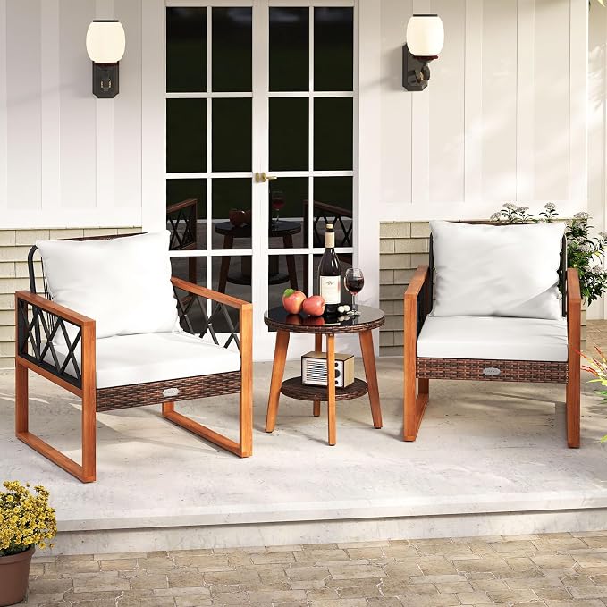 Tangkula 3 Pieces Patio Wicker Furniture Set with Acacia Wood Frame, Outdoor Conversation Cushioned Chairs and 2-Tier Tempered Glass Coffee Table for Porch, Balcony, Garden and Backyard (Off White)
