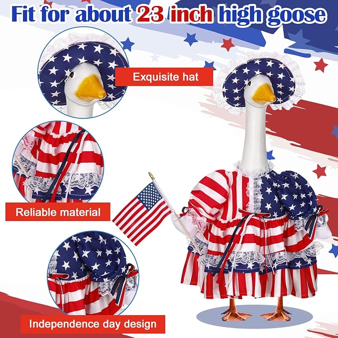 4th of July Porch Goose Outfit Patriotic Geese Clothes for 23" High Cement or Plastic Goose Costume for Yard Lawn Outdoor Garden 250th Anniversary Duck Statue Dresses Independence American Flag Decor