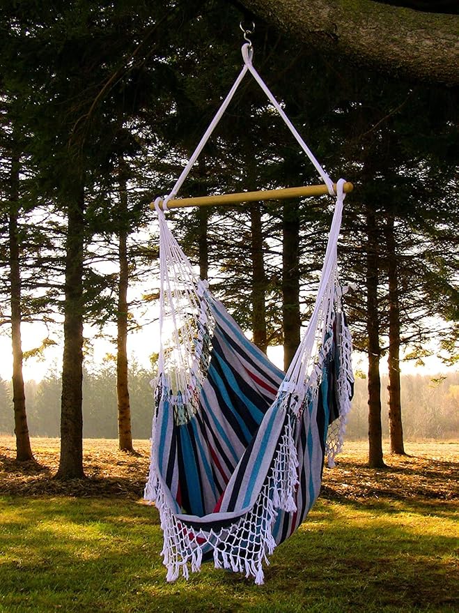 Vivere Cotton Hammock Chair with Hardwood Spreader Bar - 250 lb Capacity (Denim)